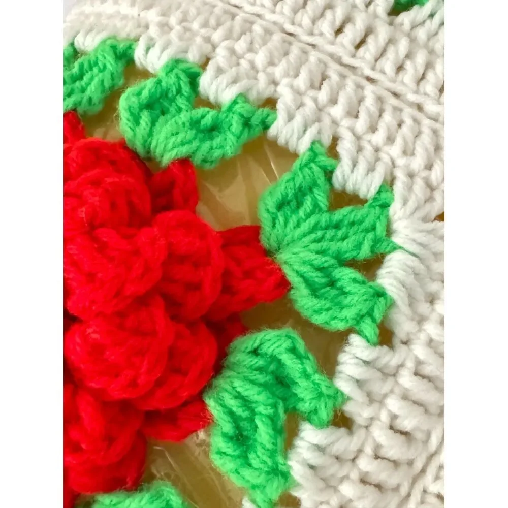 Handmade Crochet 3D Red Roses Floral Decor Pillow Christmas Holiday Vintage